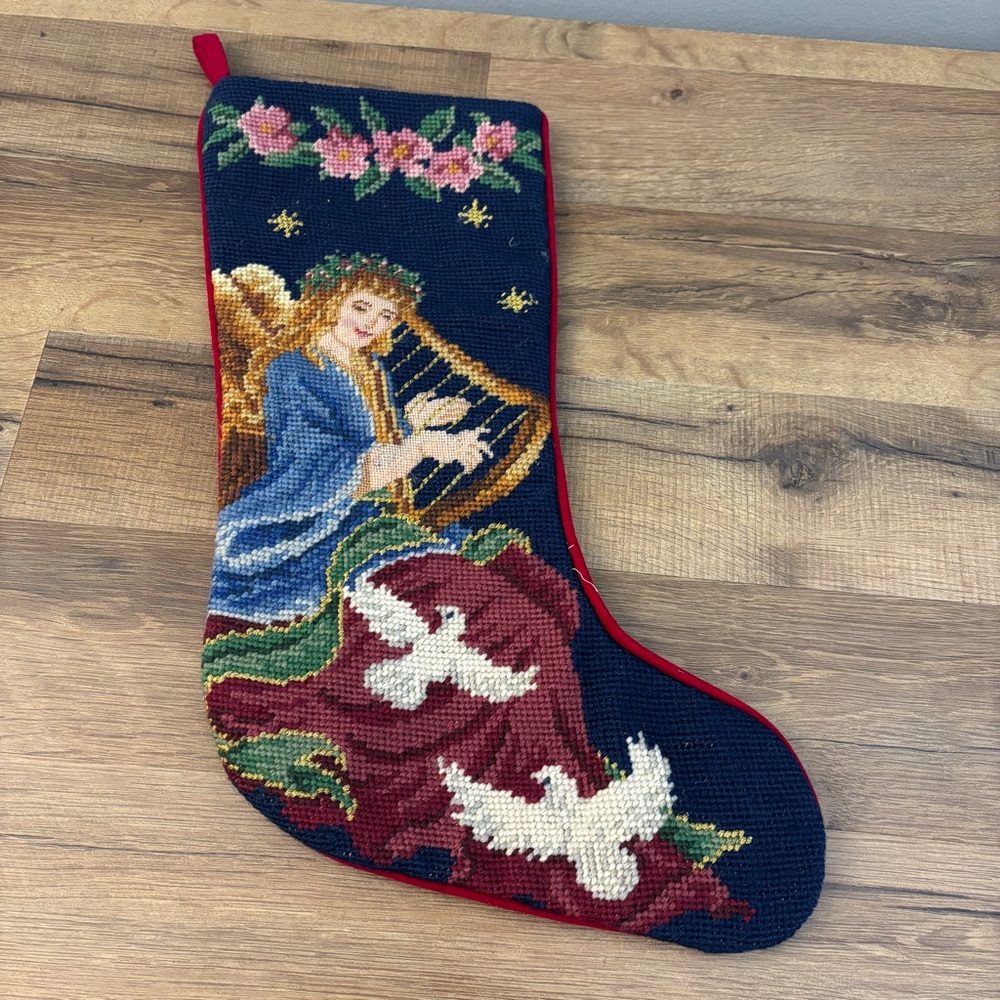 Imperial Elegance Angel Harp Needlepoint Christmas Stocking Holiday Vintage